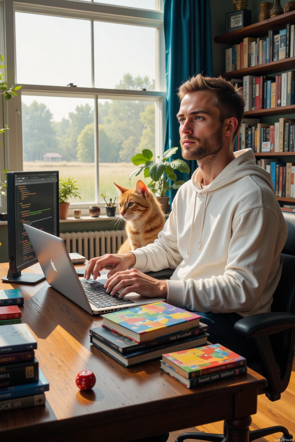 A person works at a desk with a laptop, surrounded by books and a cat.