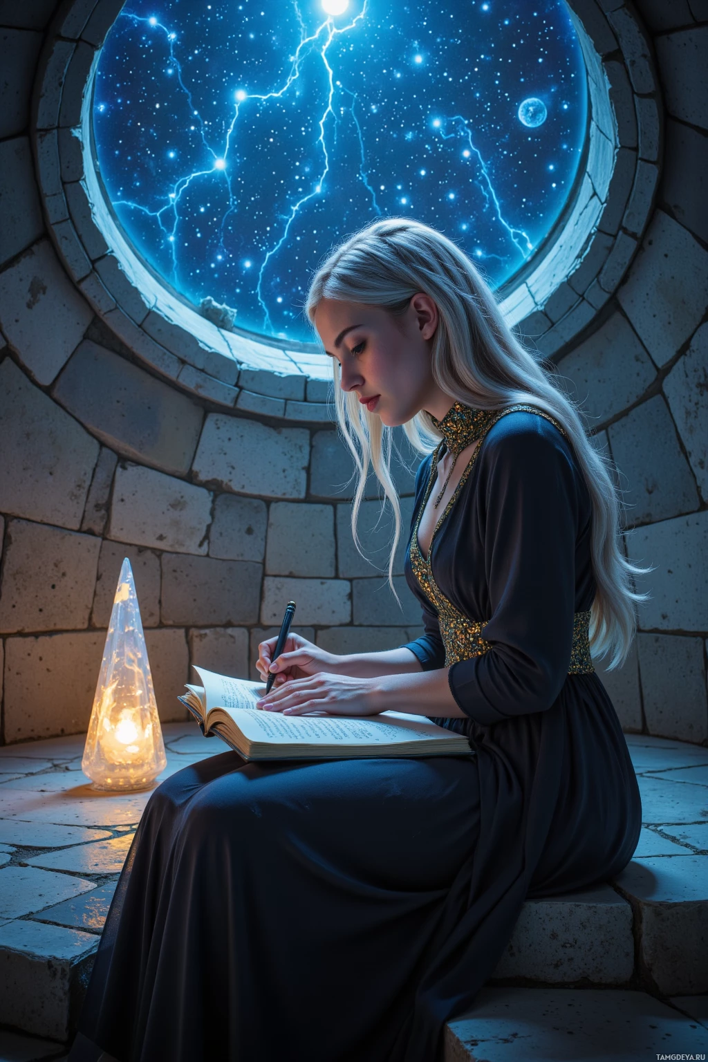 A woman in a dark dress sits by a glowing lantern, writing in a book under a starry night sky.