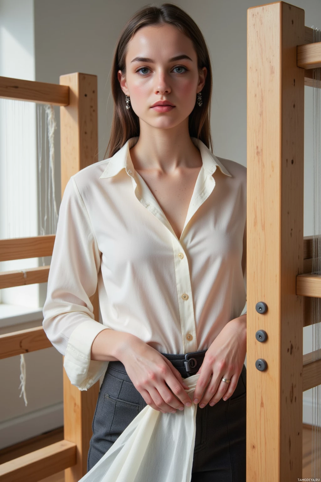 A woman in a cream blouse and dark pants stands near a wooden structure indoors.
