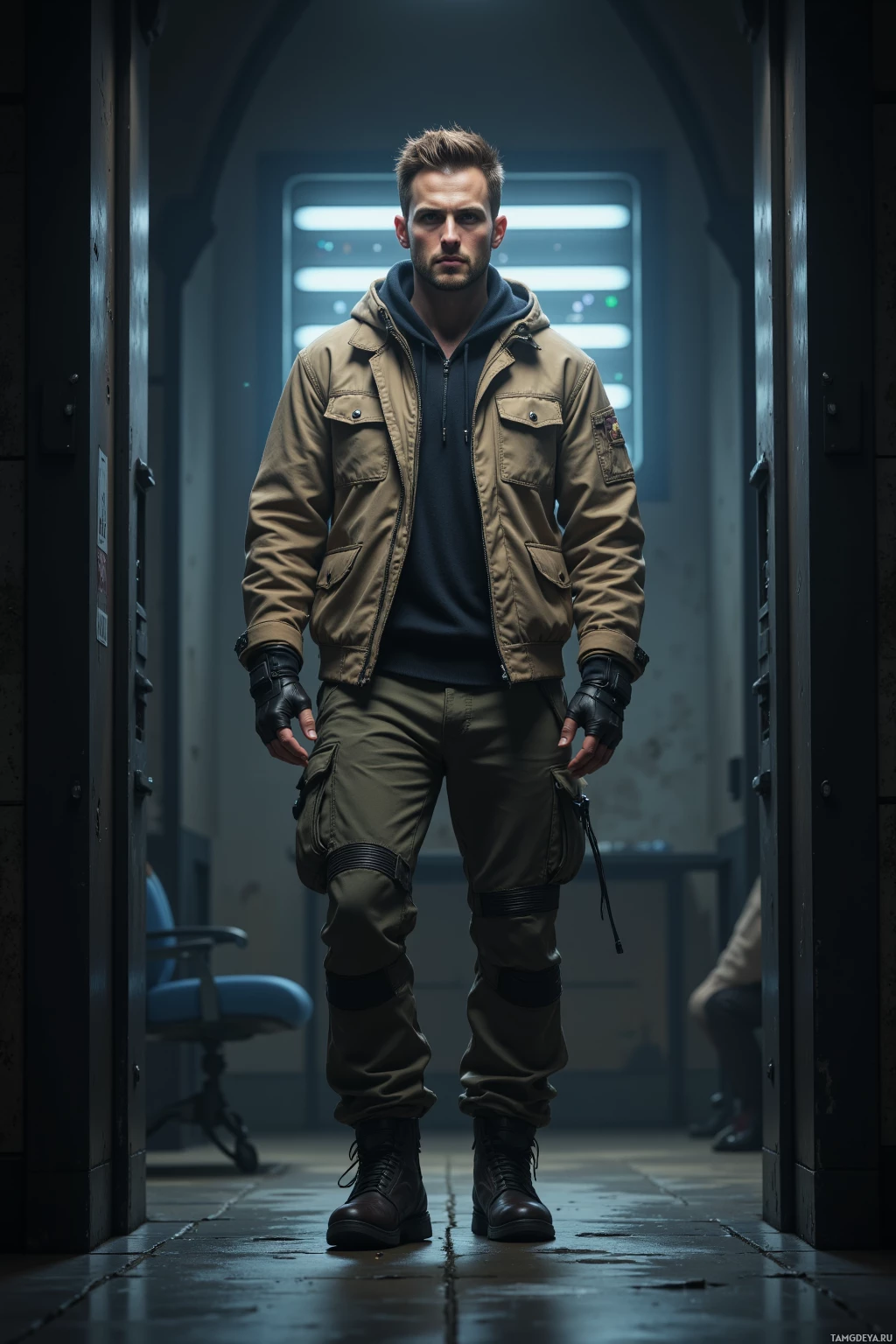 A man stands in a dimly lit corridor wearing a tan jacket, dark pants, and black boots.
