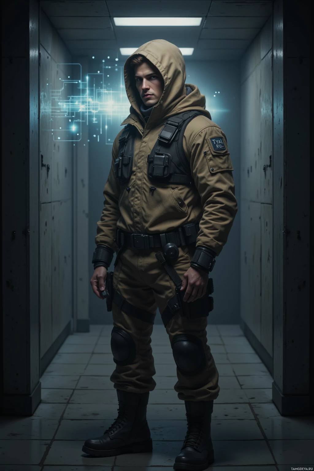 A person in tactical gear stands in a dimly lit corridor.