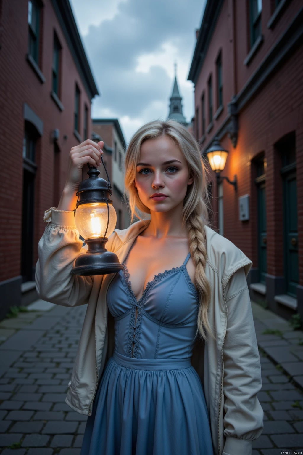 A woman holds a lantern in a narrow alleyway with brick buildings.