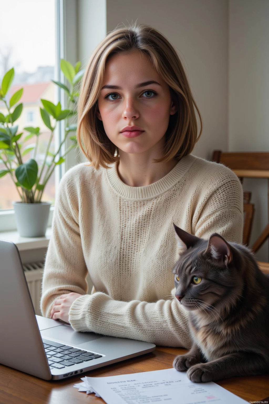 A woman sits at a desk with a laptop and a cat beside her.