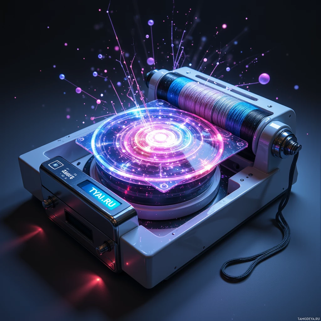 A futuristic device with glowing, colorful energy emanating from its surface.