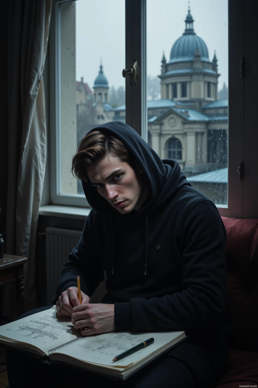A person in a hoodie sits by a window, writing in a notebook with a view of a building outside.