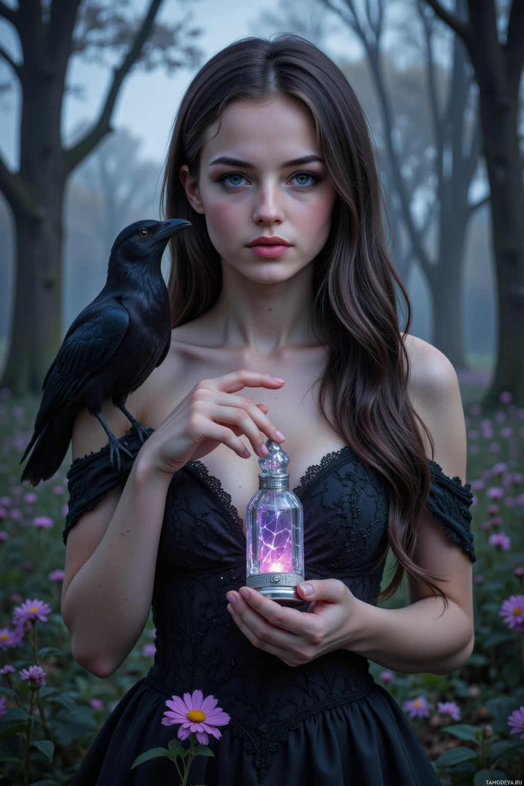 A woman in a black dress holds a glowing lantern with a crow perched on her shoulder in a misty forest setting.