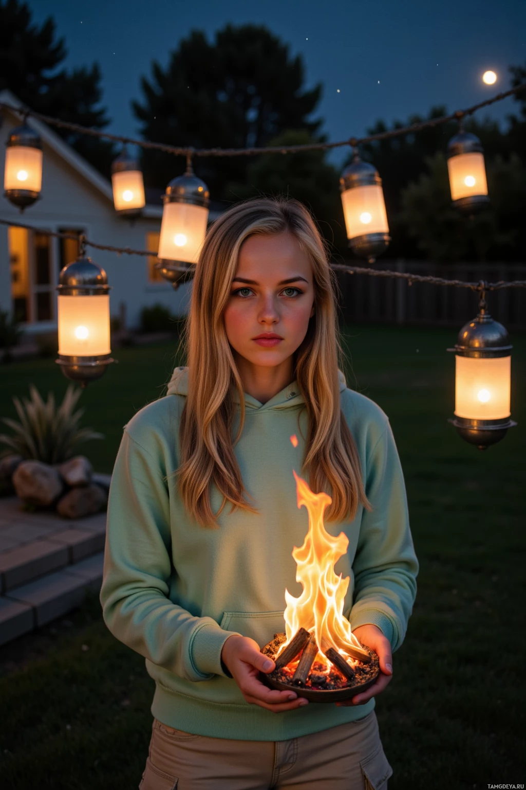 A person stands outdoors at dusk, holding a bowl of fire, with string lights and a house in the background.