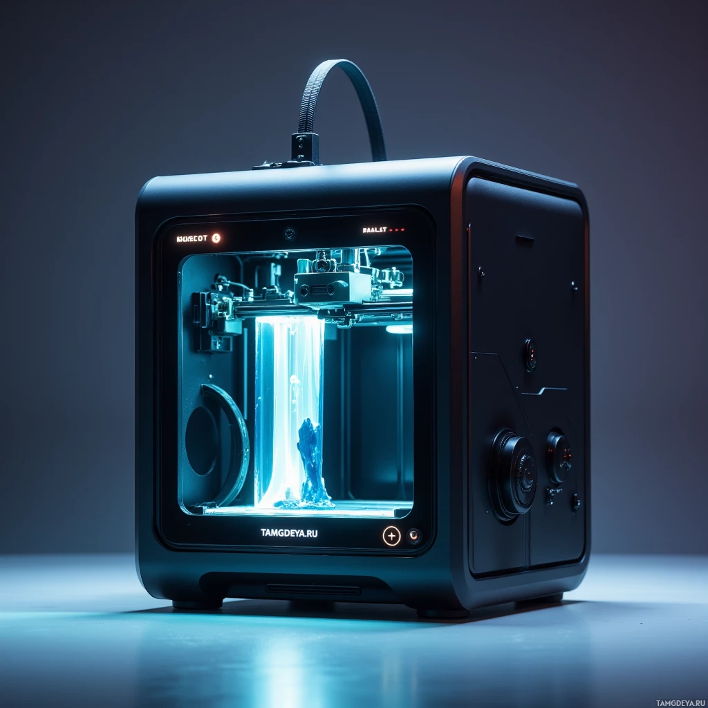 A modern 3D printer with a glowing interior and a sleek black design.