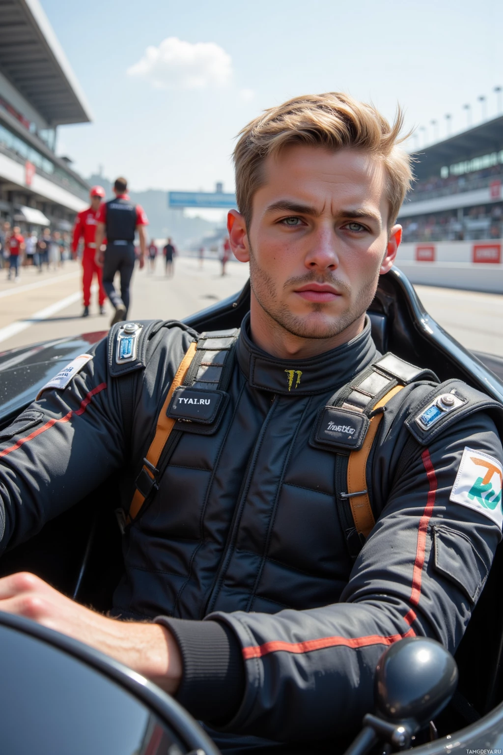 A person in a racing suit sits in a car on a track.