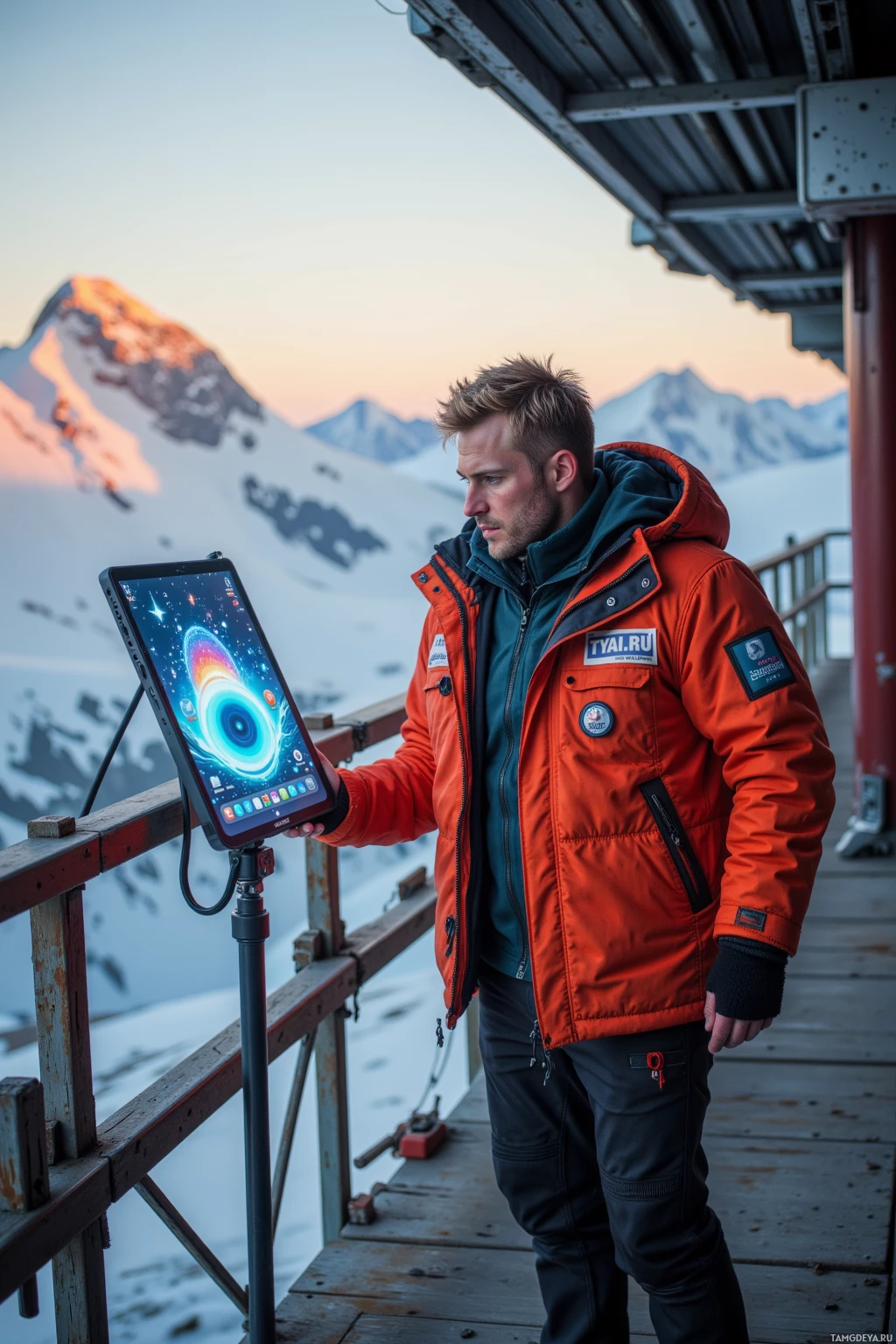 A person in a red jacket stands on a snowy balcony, holding a tablet displaying a colorful interface.