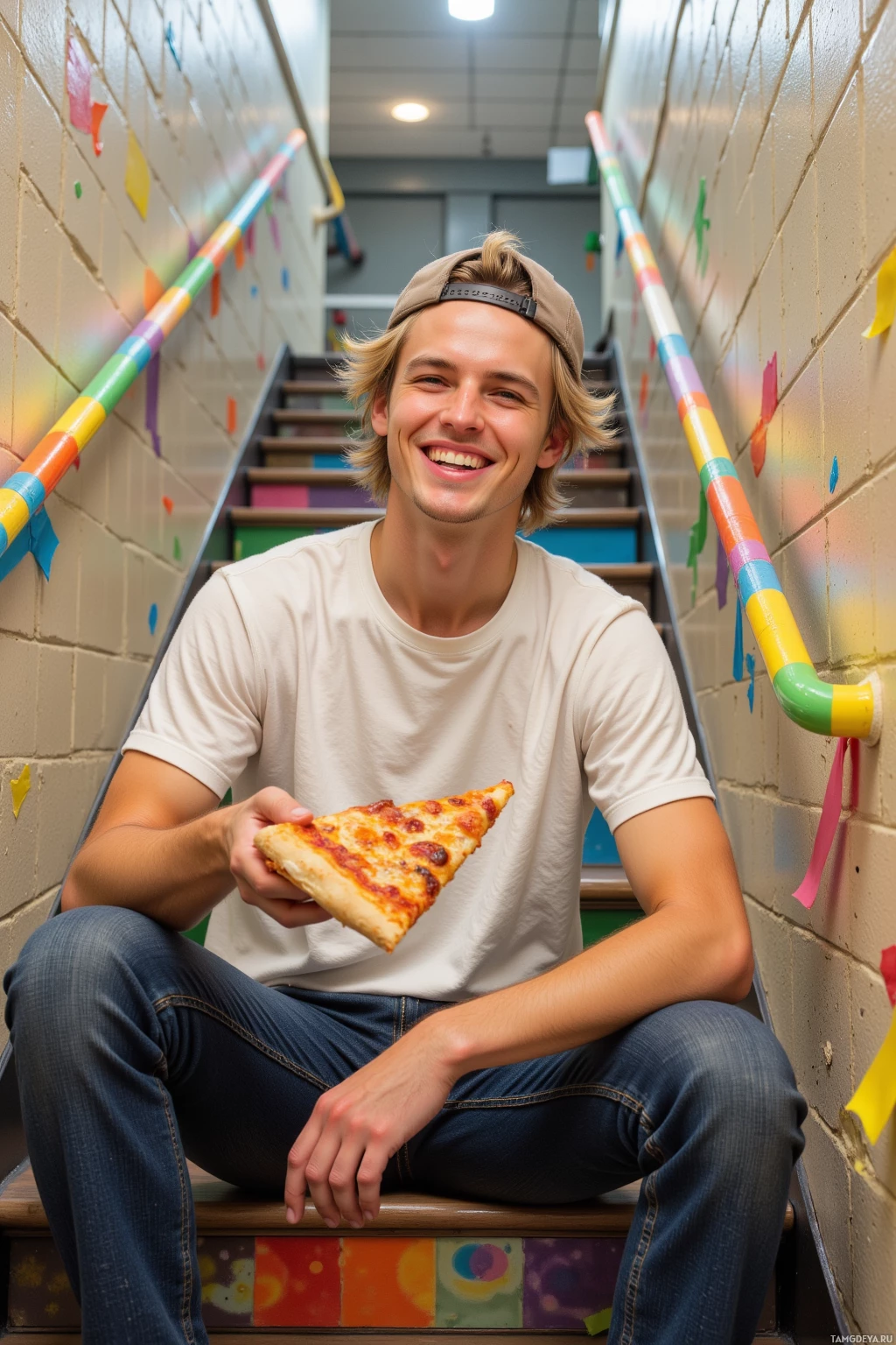 A young man sits on a staircase holding a slice of pizza, smiling.