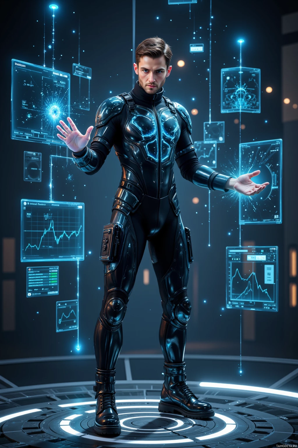 A person in futuristic armor stands in a high-tech environment with glowing screens and holographic elements.