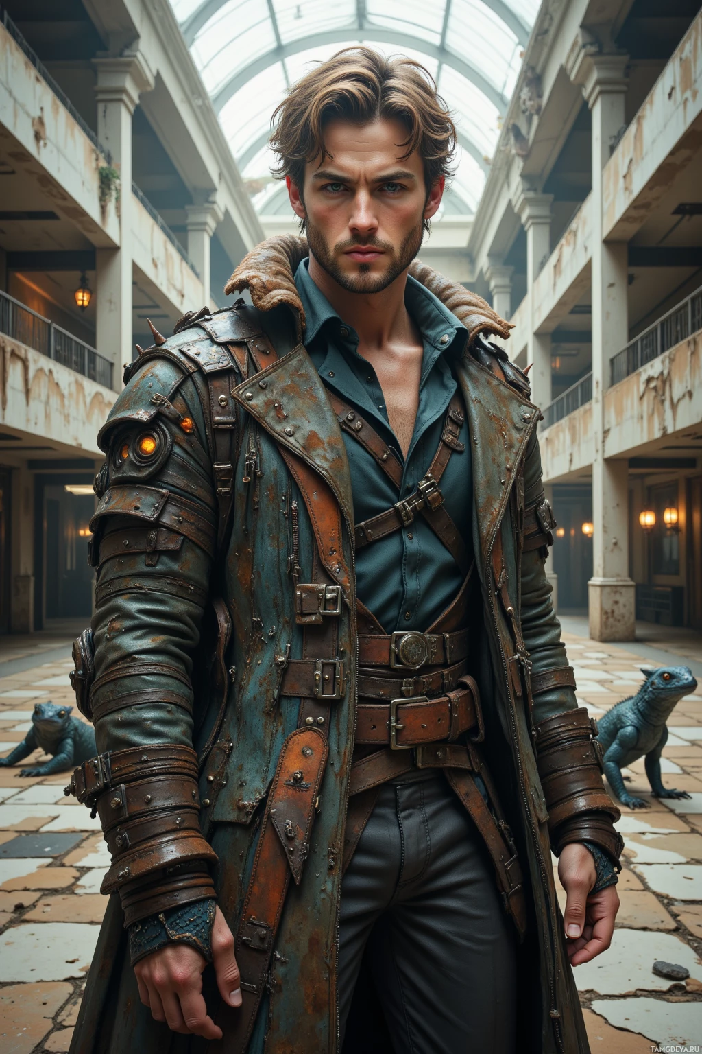 A man in a rugged, steampunk-inspired outfit stands in a dilapidated building with a small blue creature nearby.