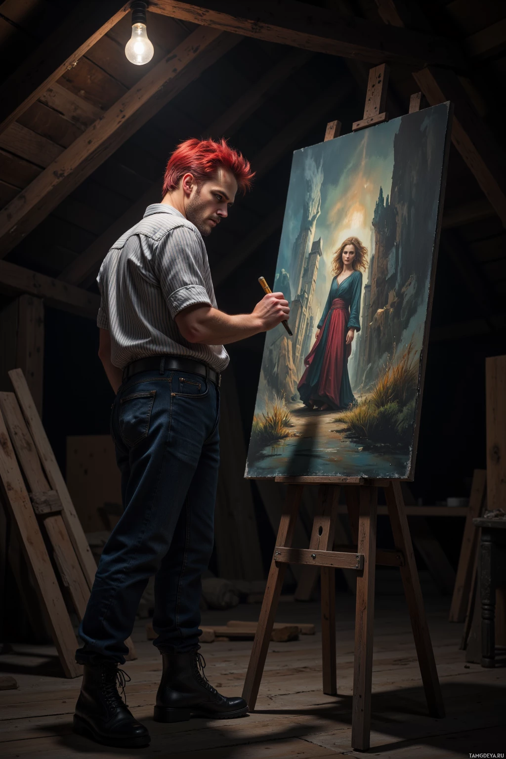 A man with red hair stands in a dimly lit attic, painting a detailed landscape on an easel.