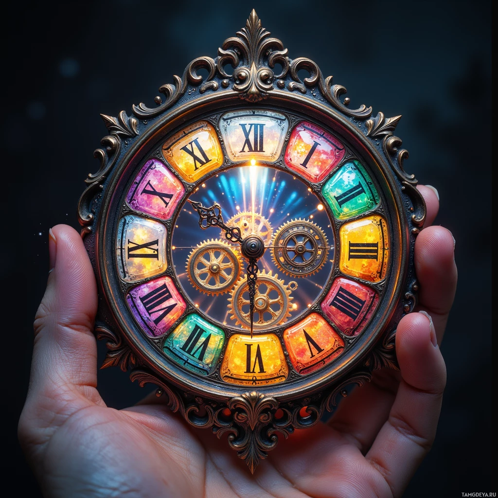 A hand holds a ornate, colorful clock with Roman numerals and intricate gears.