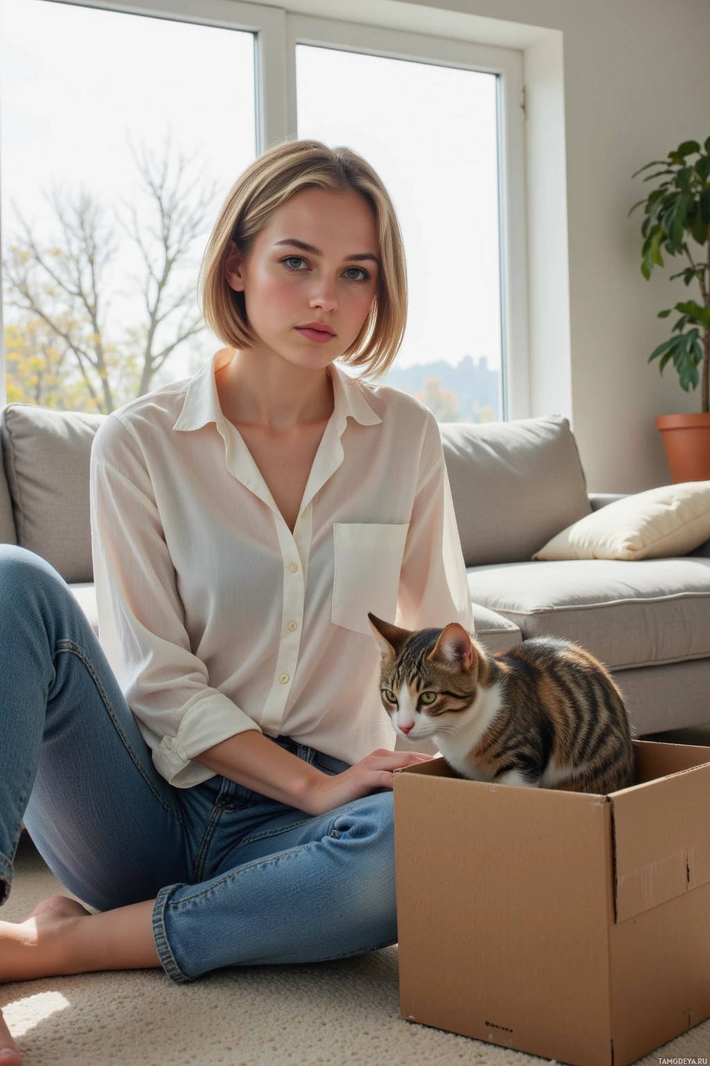 A woman sits on the floor with a cat in a cardboard box, both looking towards the camera.