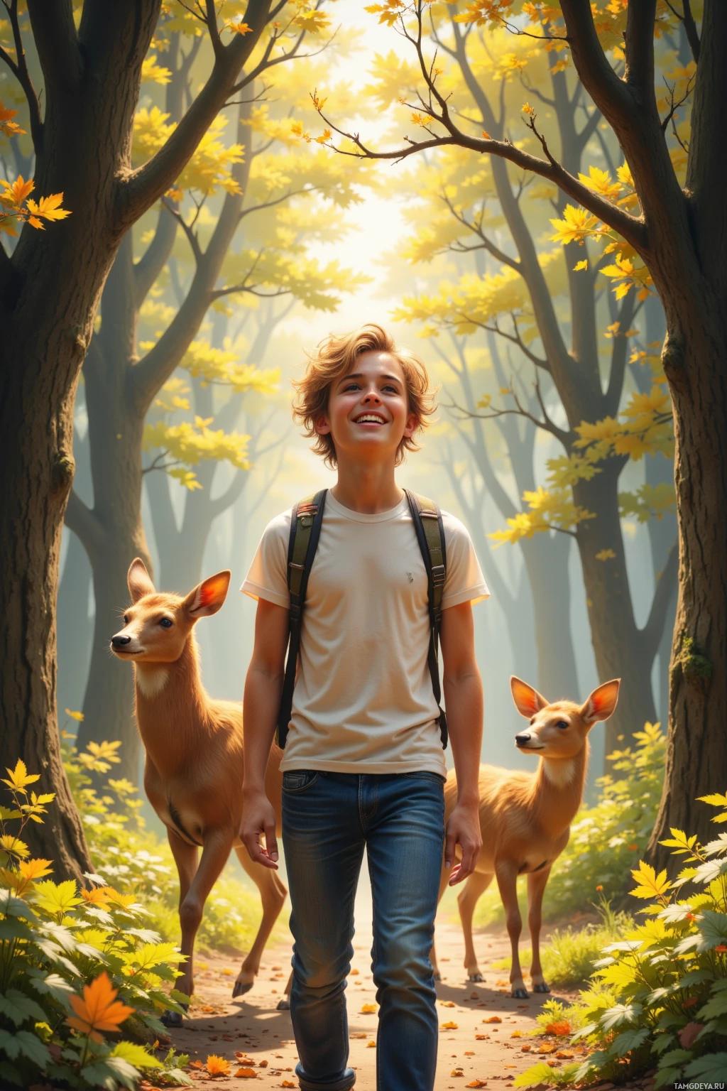 A person walks through a forest with two deer, surrounded by golden leaves and sunlight filtering through the trees.