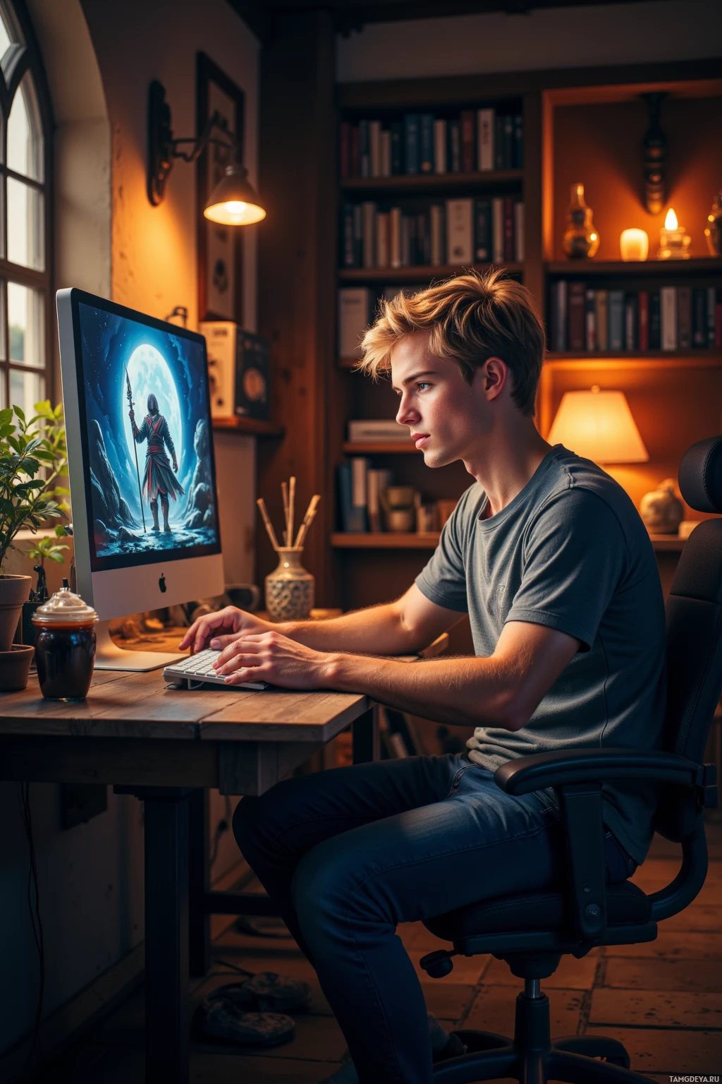 A person is sitting at a desk in a cozy room, working on a computer with a bookshelf in the background.