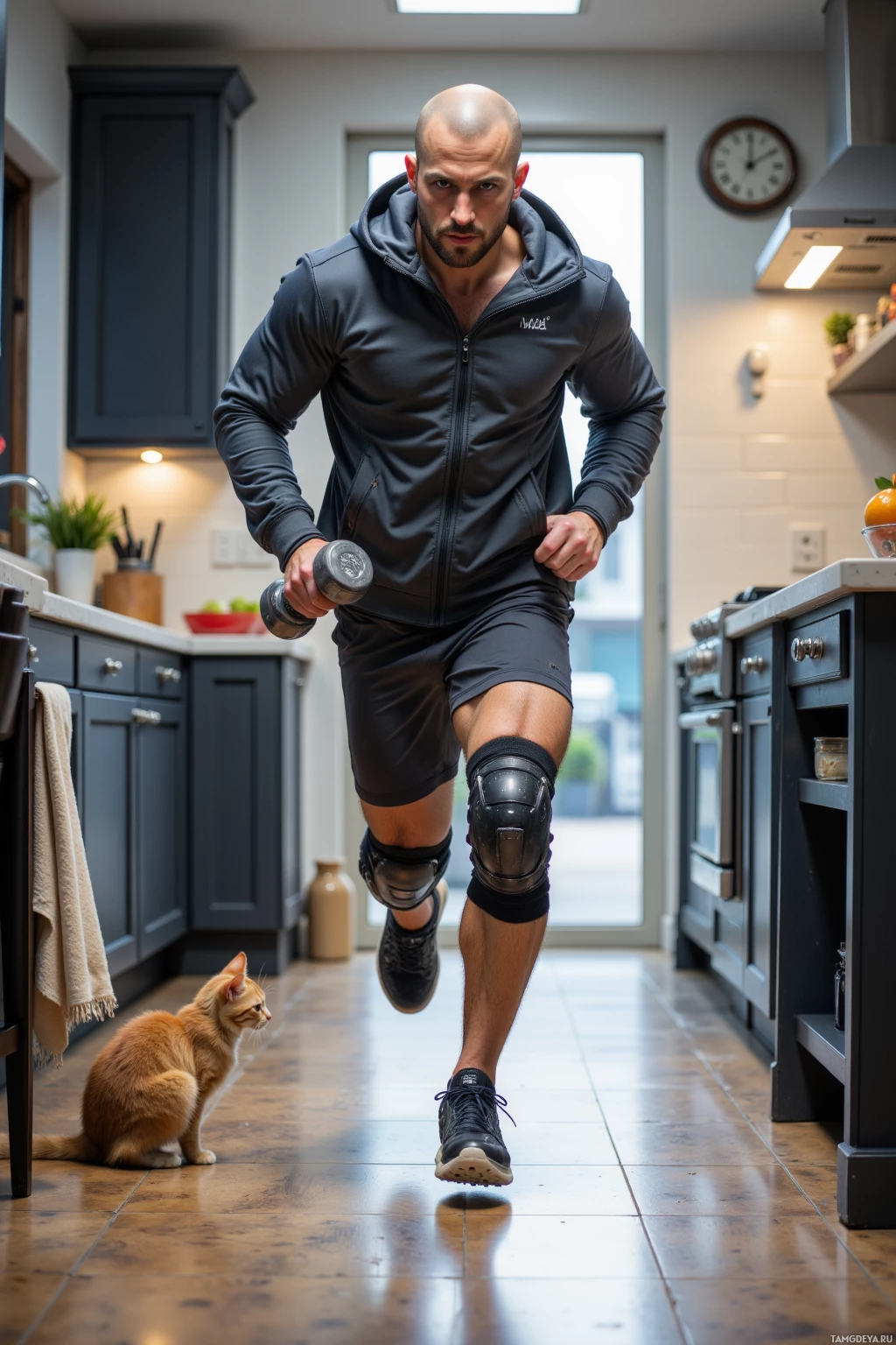 A man in a kitchen runs with a dumbbell, while a cat watches.