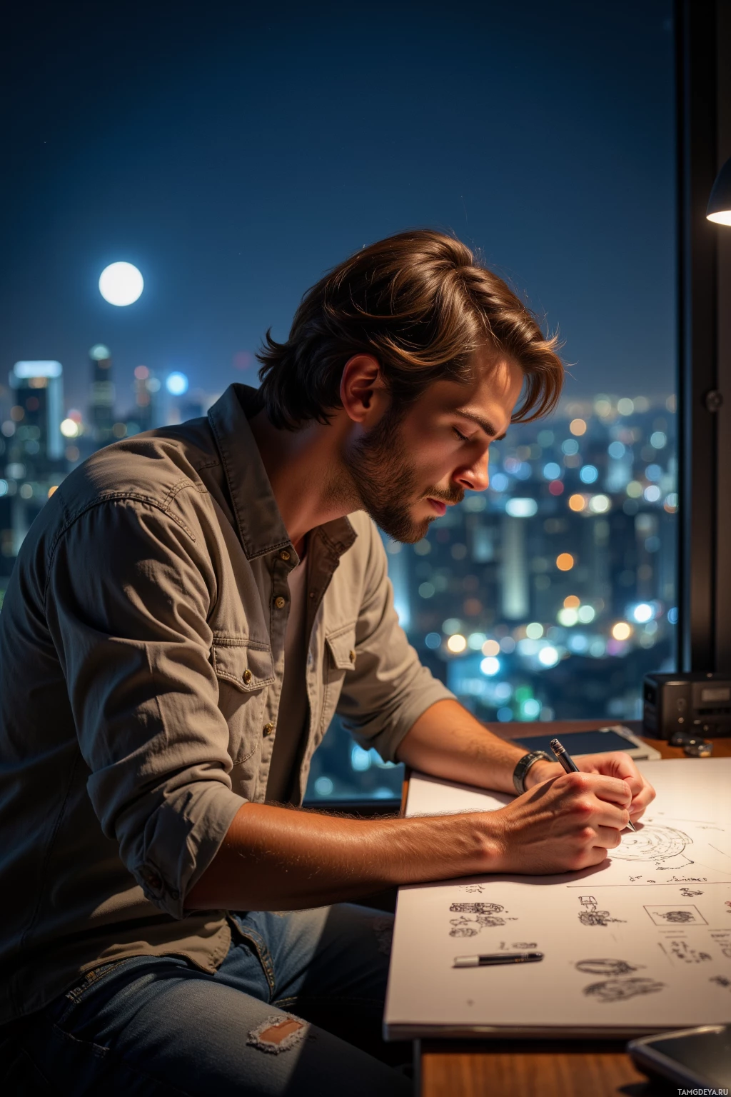 A man is sketching at a desk with a cityscape and moon visible through a window behind him.