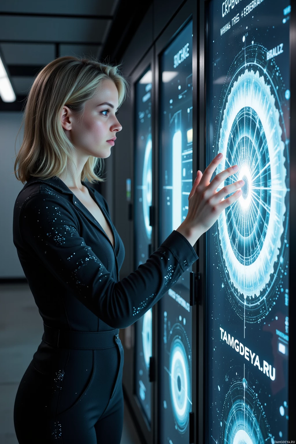 A woman interacts with a futuristic digital interface in a modern setting.