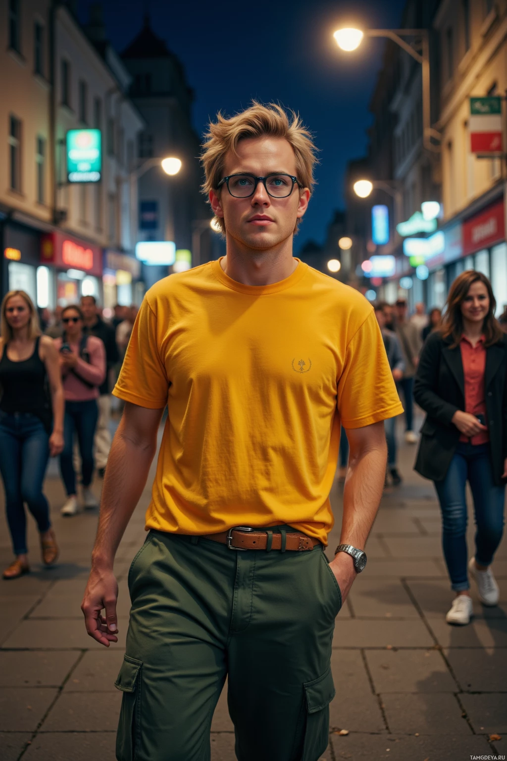 A man in a yellow t-shirt and green pants walks down a busy street at night.