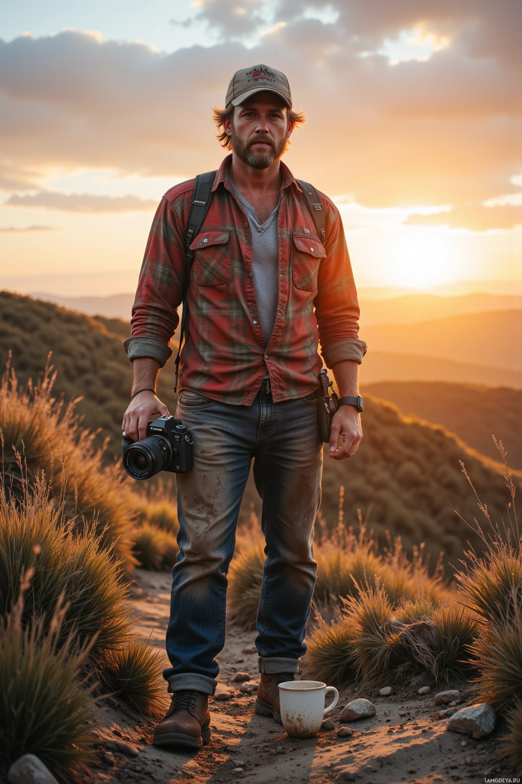 A man stands outdoors at sunset, holding a camera, wearing a plaid shirt and jeans.