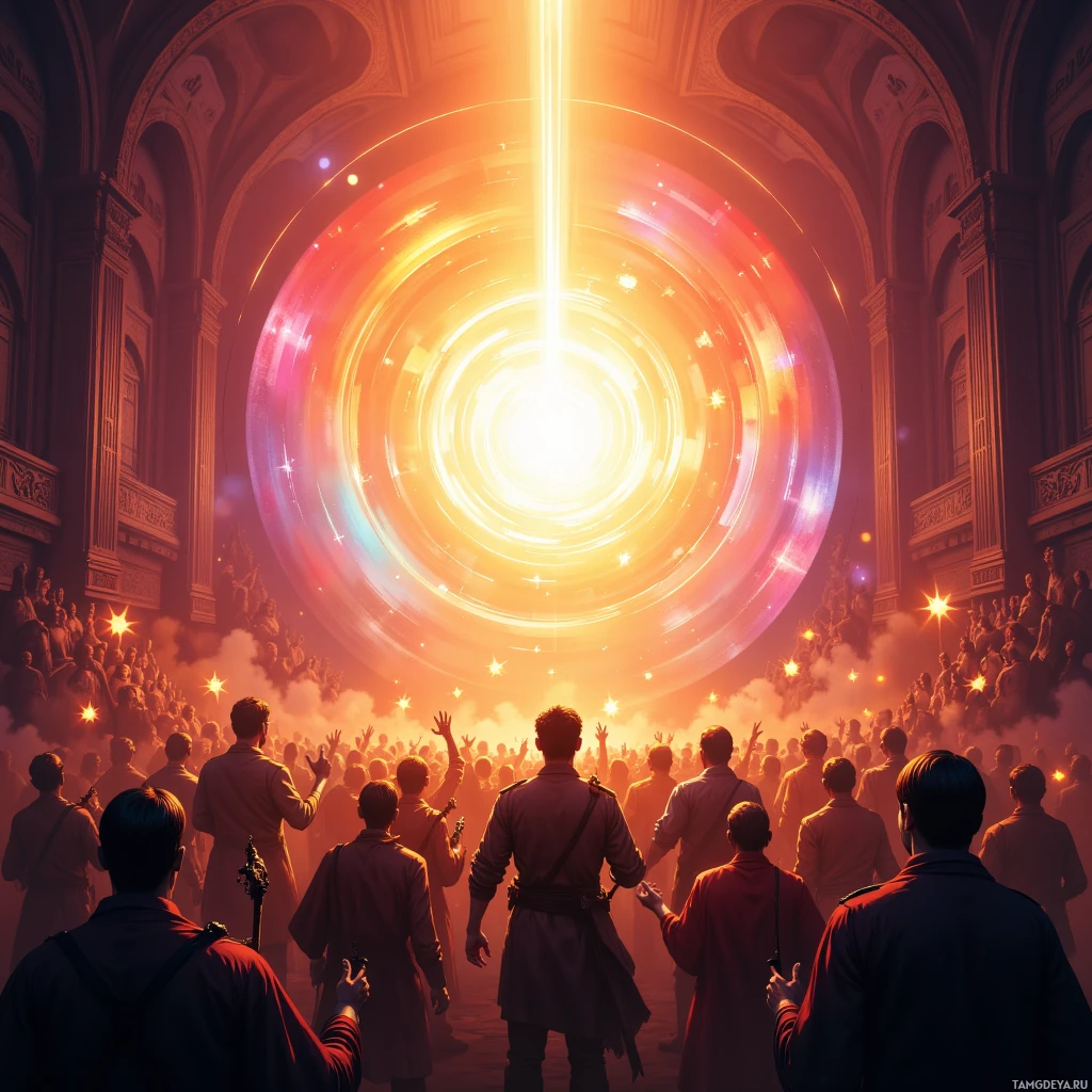 A group of people in a grand hall with a glowing, radiant light source at the center.