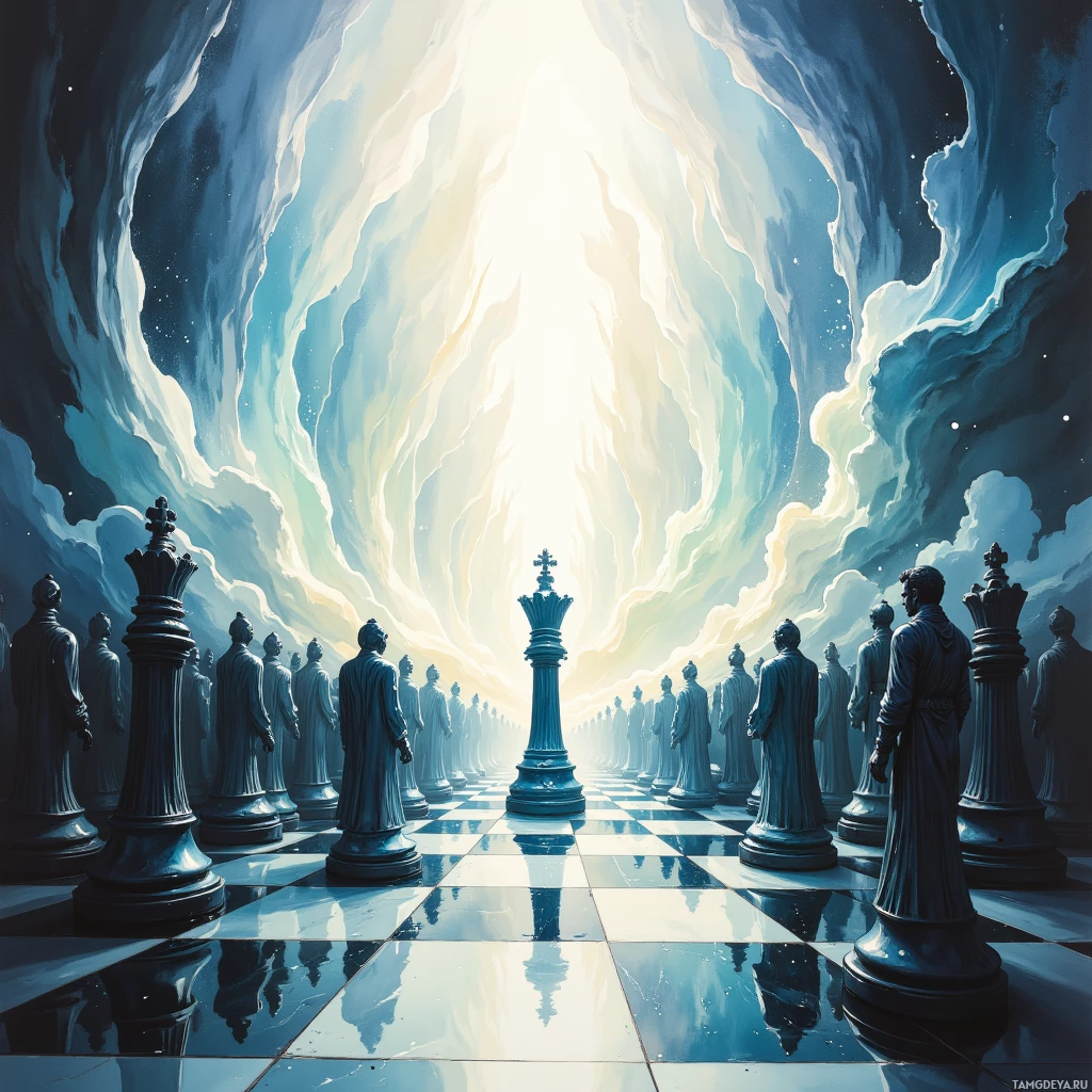 A group of chess pieces stands on a reflective surface, facing a bright, ethereal light in a celestial setting.