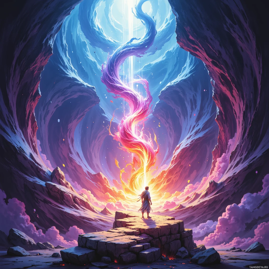 A person stands on a rocky platform at the entrance of a vibrant, ethereal cave with swirling light and colorful clouds.