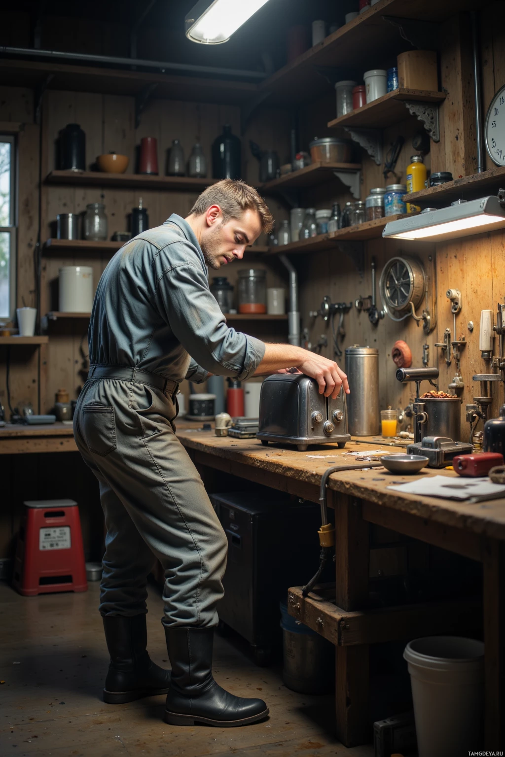 A man in a workshop is working on a toaster.