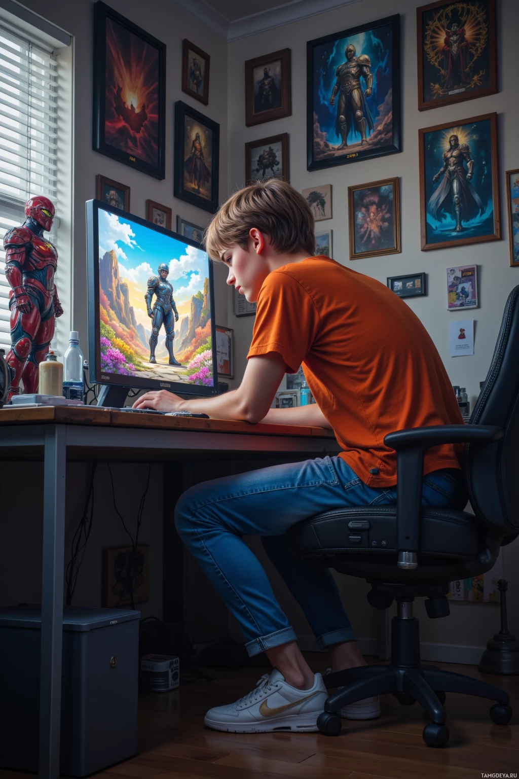 A young person sits at a desk in a room decorated with framed artwork, using a computer.