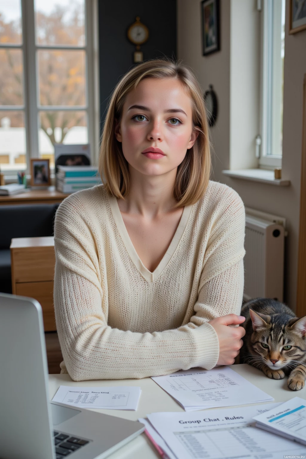 A woman sits at a desk with a laptop and documents, accompanied by a cat.
