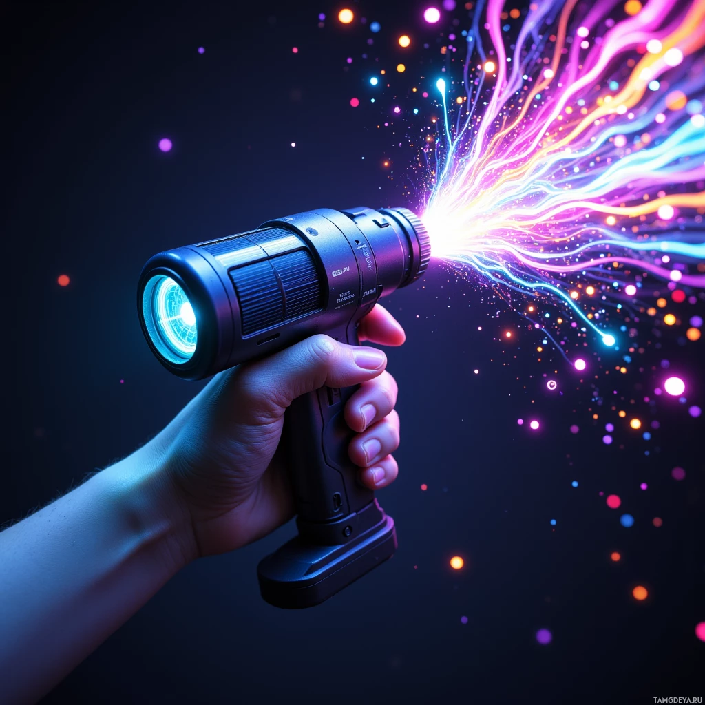 A hand holds a flashlight emitting colorful, radiant light against a dark background.
