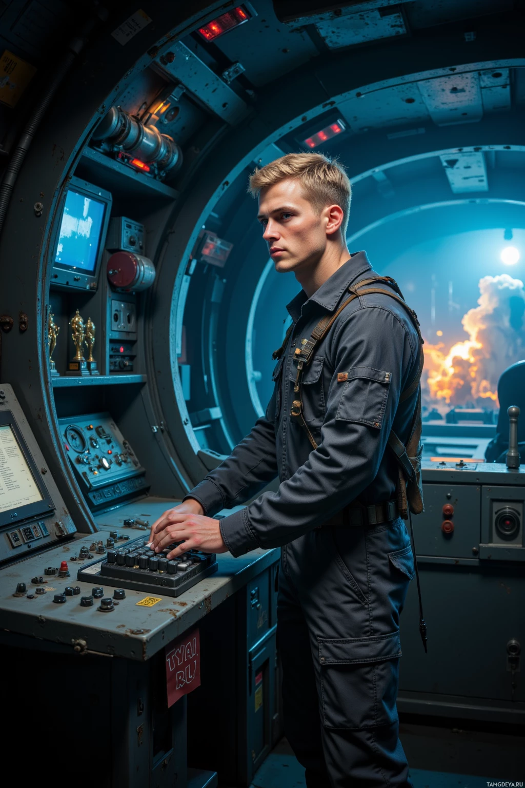 A person in a space suit operates a control panel in a futuristic setting.