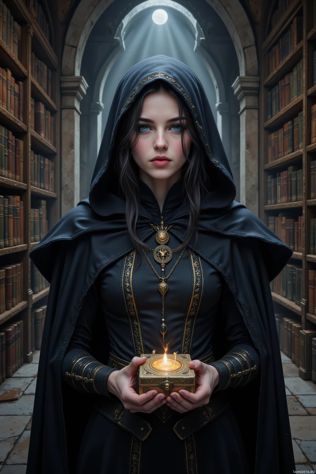 A person in a dark, hooded robe holds a glowing box in a library with arched ceilings and bookshelves.