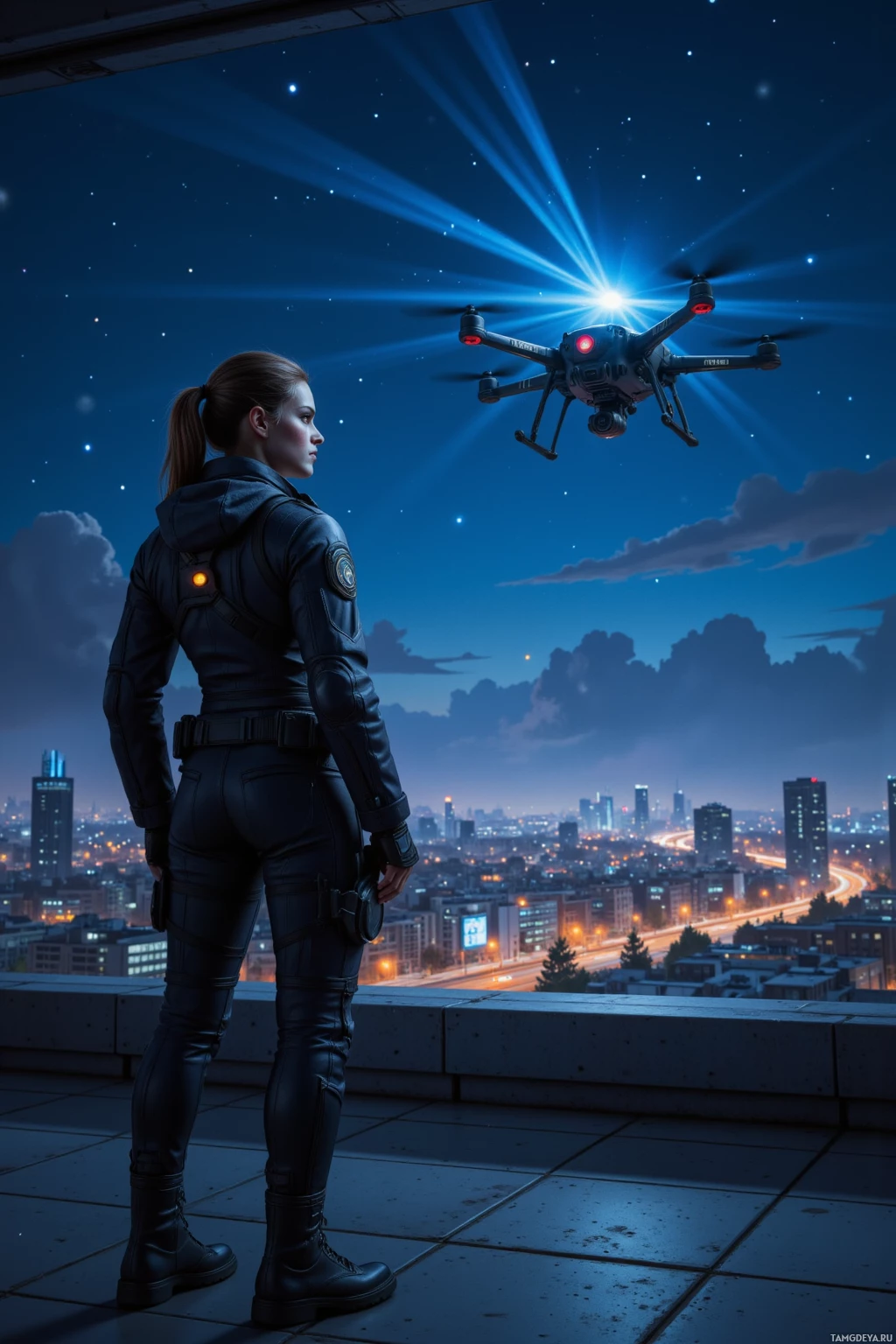A woman in a futuristic outfit stands on a rooftop at night, observing a glowing drone flying overhead.