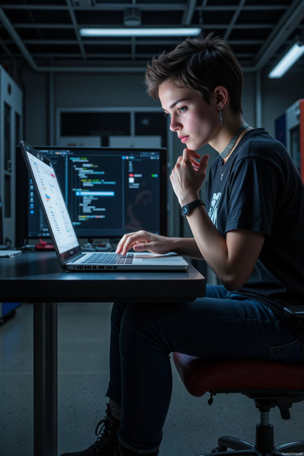 A person is sitting at a desk, working on a laptop with code visible on the screen.