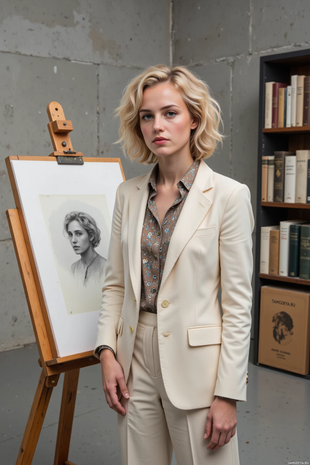 A woman in a cream suit stands in front of an easel with a sketch and a bookshelf.
