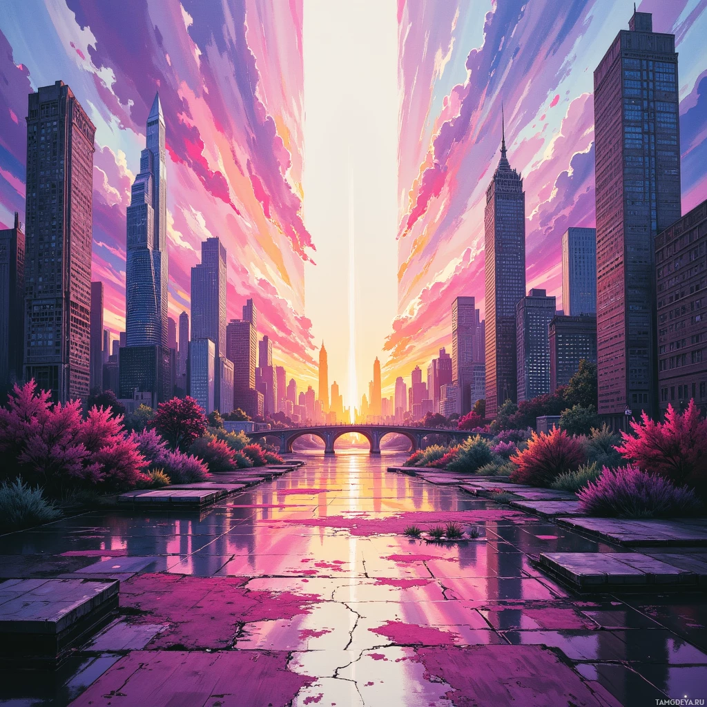 Яркий городской пейзаж с высокими зданиями, мостом и красочным небом, отражающимся на мокрой улице.