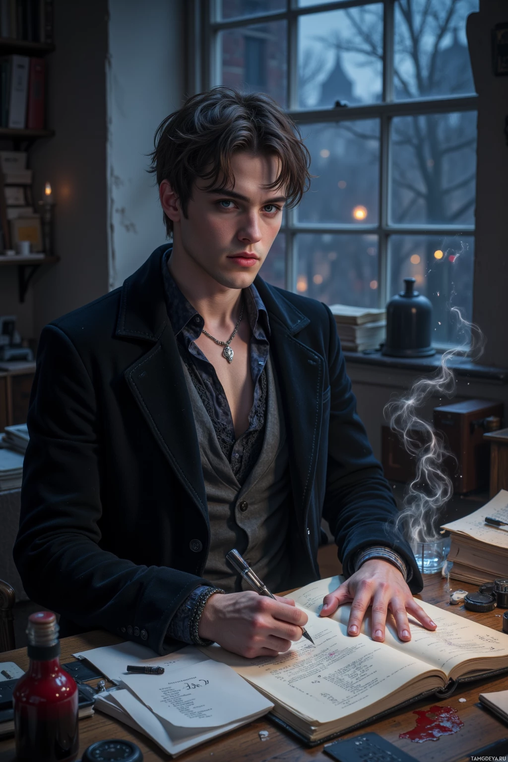 A young man sits at a desk, writing in a notebook with a quill pen.
