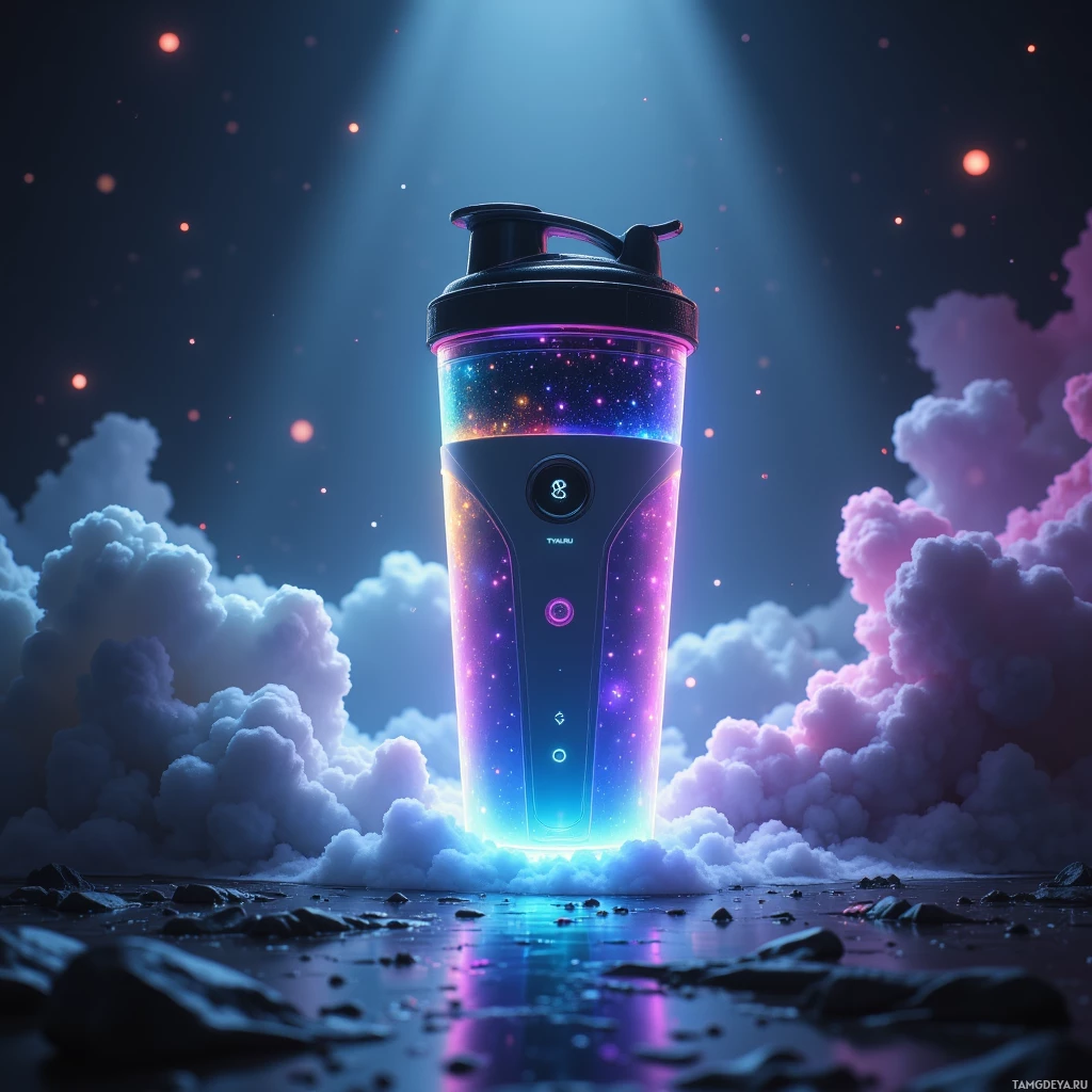 A futuristic shaker bottle with glowing interior stands on a rocky surface, surrounded by a dreamy sky with clouds and light beams.