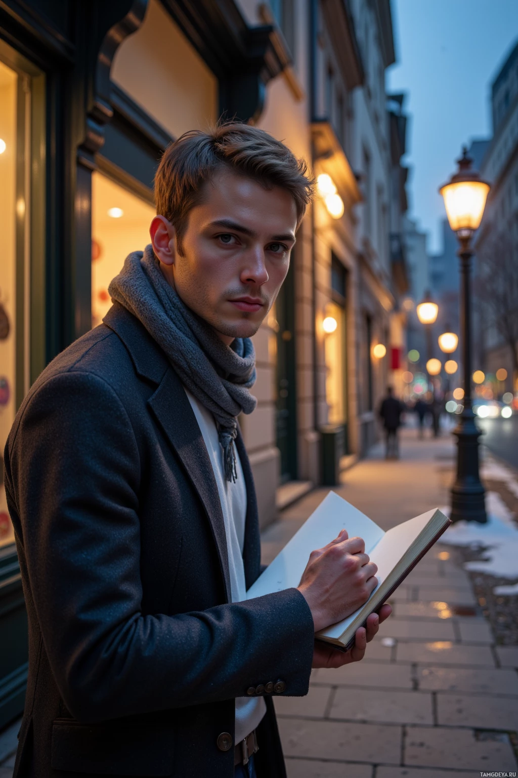 A man in a coat and scarf stands on a street at dusk, holding an open book.