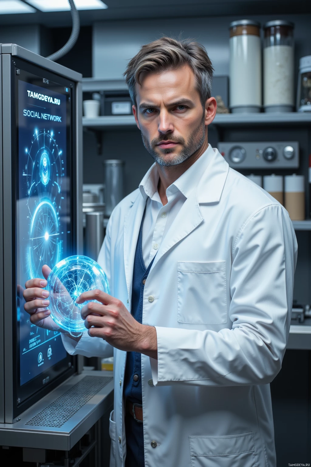 A man in a lab coat stands in a laboratory, holding a glowing, spherical object.