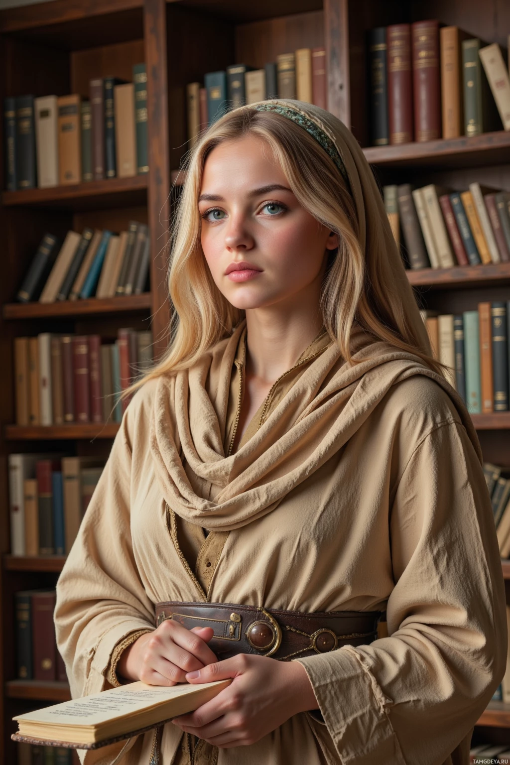 A person in a beige robe holds an open book in front of a bookshelf.