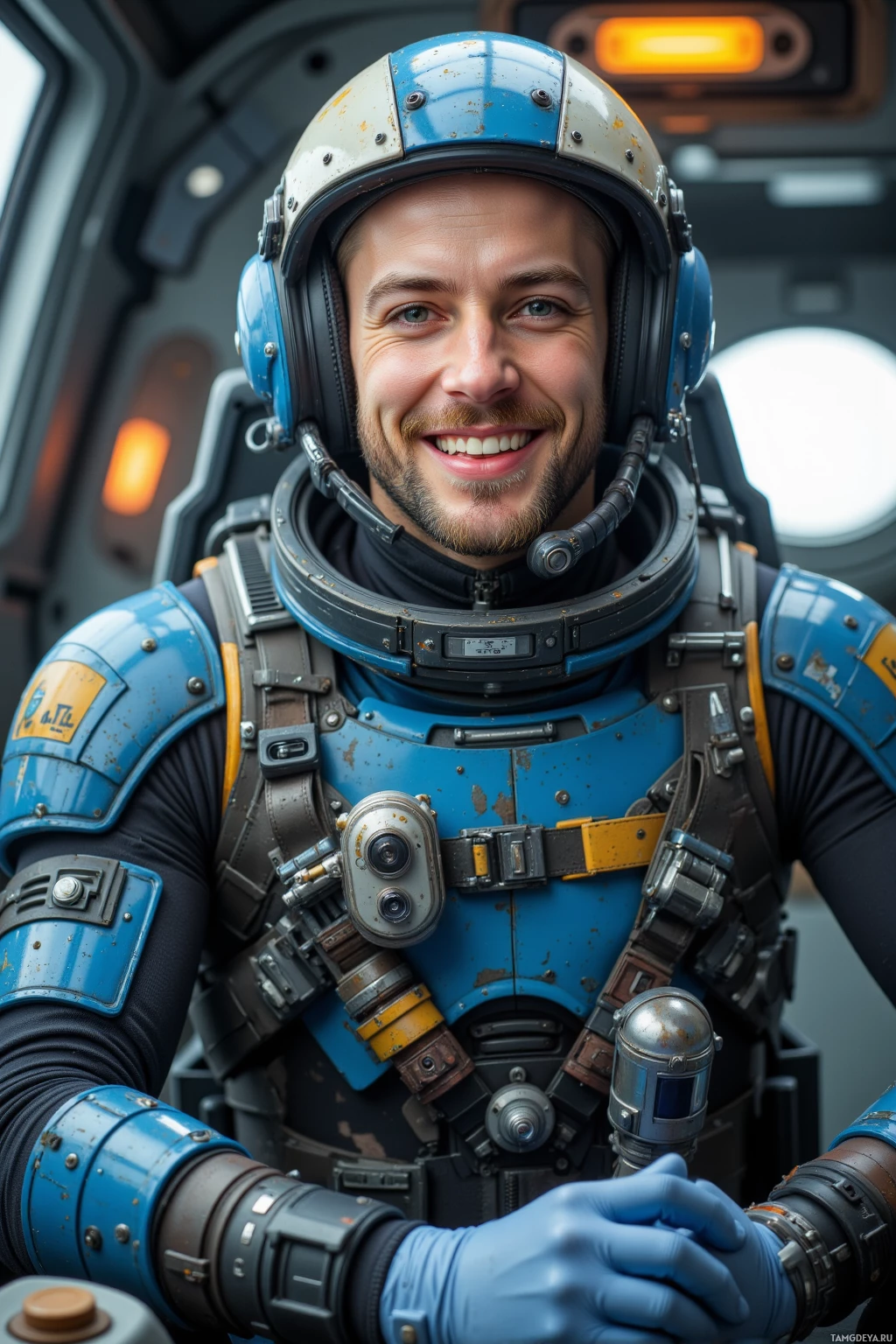 A person in a blue and black space suit smiles inside a spacecraft.