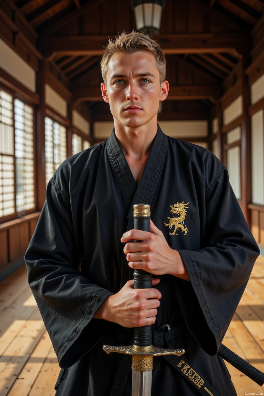 A person in a black kimono holds a sword with a golden hilt in a traditional Japanese setting.