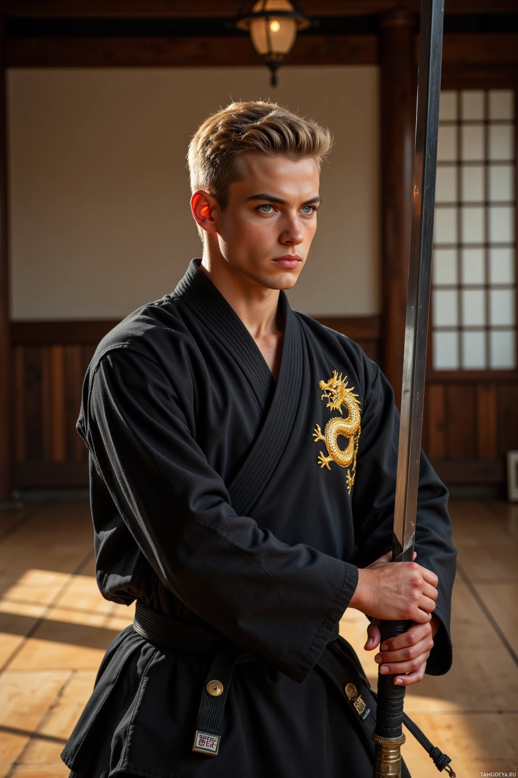 A person in a black martial arts uniform holds a sword in a traditional Japanese setting.