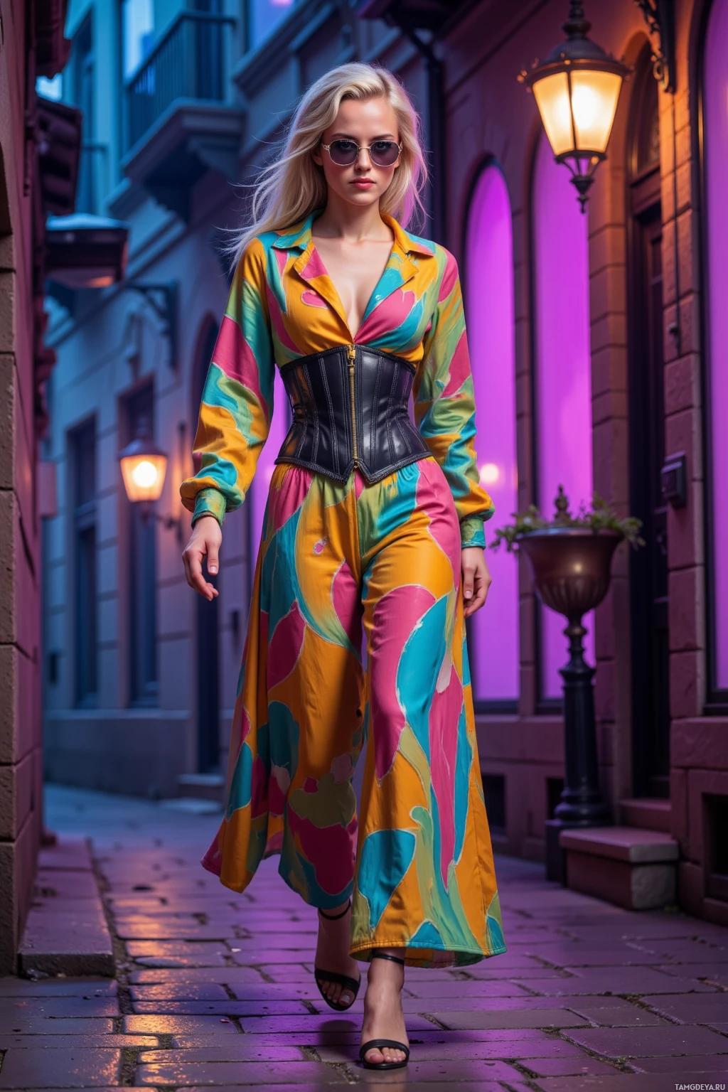 A woman walks down a cobblestone street at night, wearing a colorful, patterned dress and sunglasses.