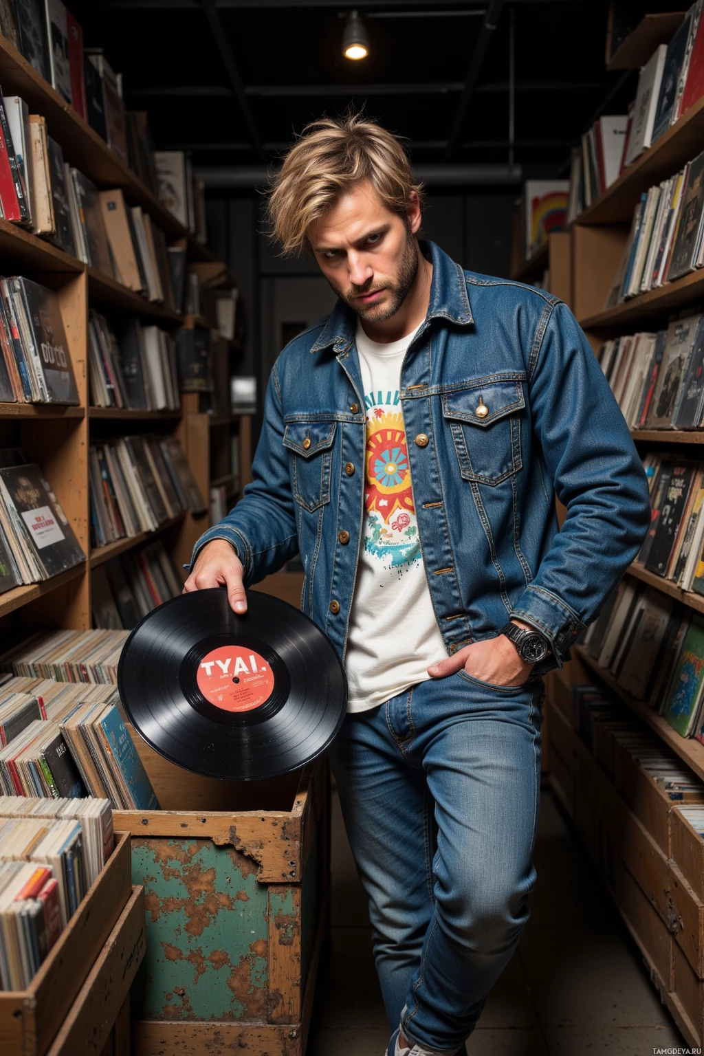 A man in a denim jacket holds a vinyl record in a bookshop.
